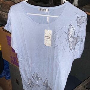 Blue Butterfly Embellished Women's Top